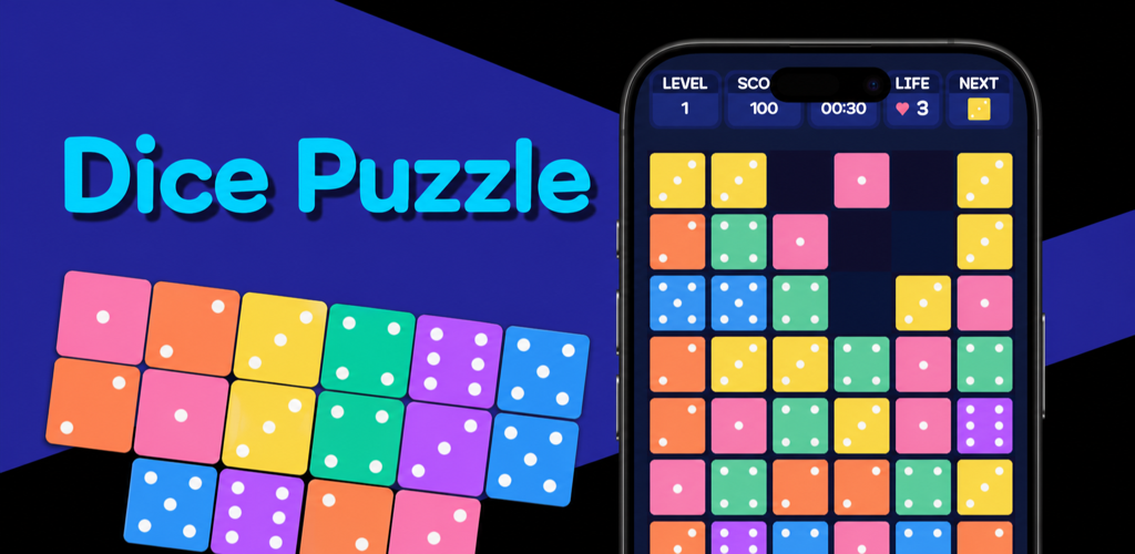 Dice Puzzle title, colorful dice, and falling-dice gameplay